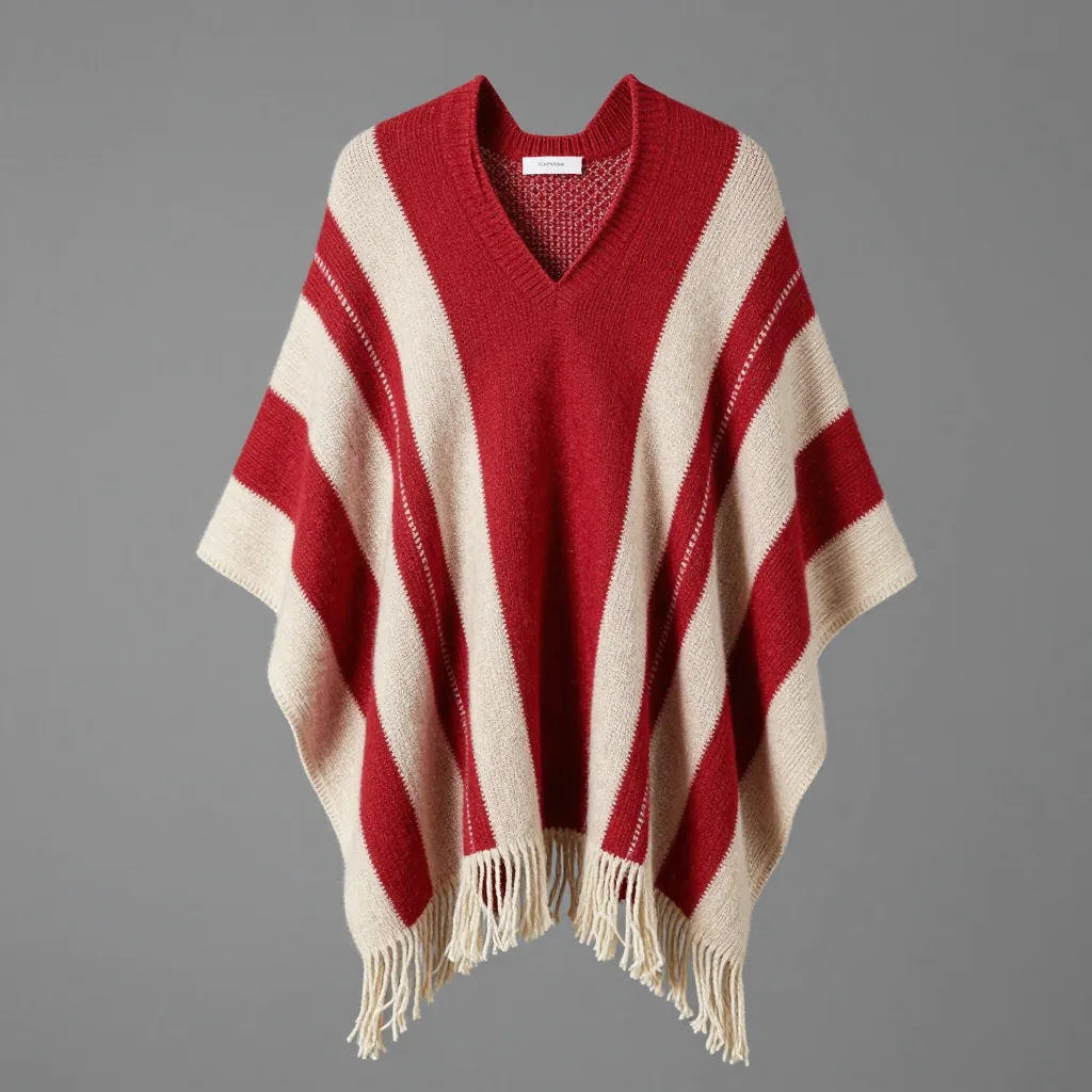 A red and cream striped alpaca poncho